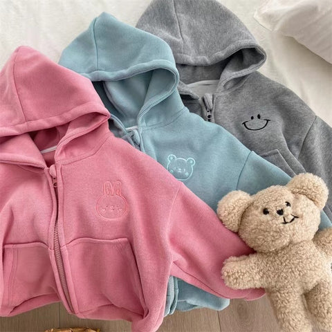 Girls Smile Characters Embroidery Cute Zipper Fashion Hoodies Sports Jacket