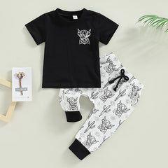 2023 Kids/ Toddler Boys B&W Cattle Print  T-shirts+Drawstring Long Pants set