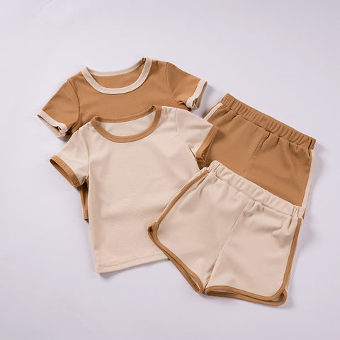 NEW! Children's Ribbed Solid Neutrals Boys Girls Everyday Casual T-shirts+Shorts Clothes Sets