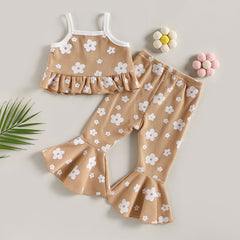 Girls Summer 2pc  Waffle Button Sets sleeveless Ruffles