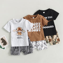 Boys Summer Fashion Cattle Letter Print Short Sleeve T-shirts +Shorts