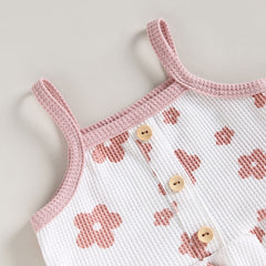 Girls Summer 2pc  Waffle Button Sets sleeveless Ruffles