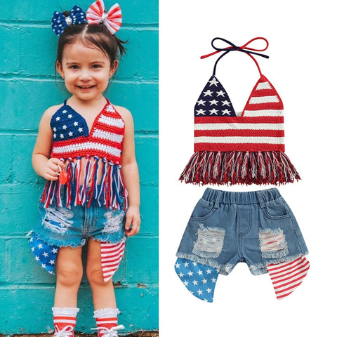 Independence Day Kids/ Toddler Girls Sets Star Stripe Sleeveless Halter Tassel Top+Shorts Set