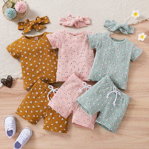 Lovely Little Girls Breathable 3pc Floral Sets Print Knitted Short Sleeve T-shirts+Shorts+Headband