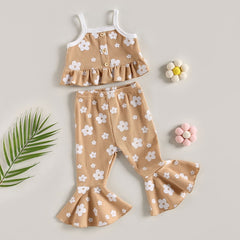 Girls Summer 2pc  Waffle Button Sets sleeveless Ruffles